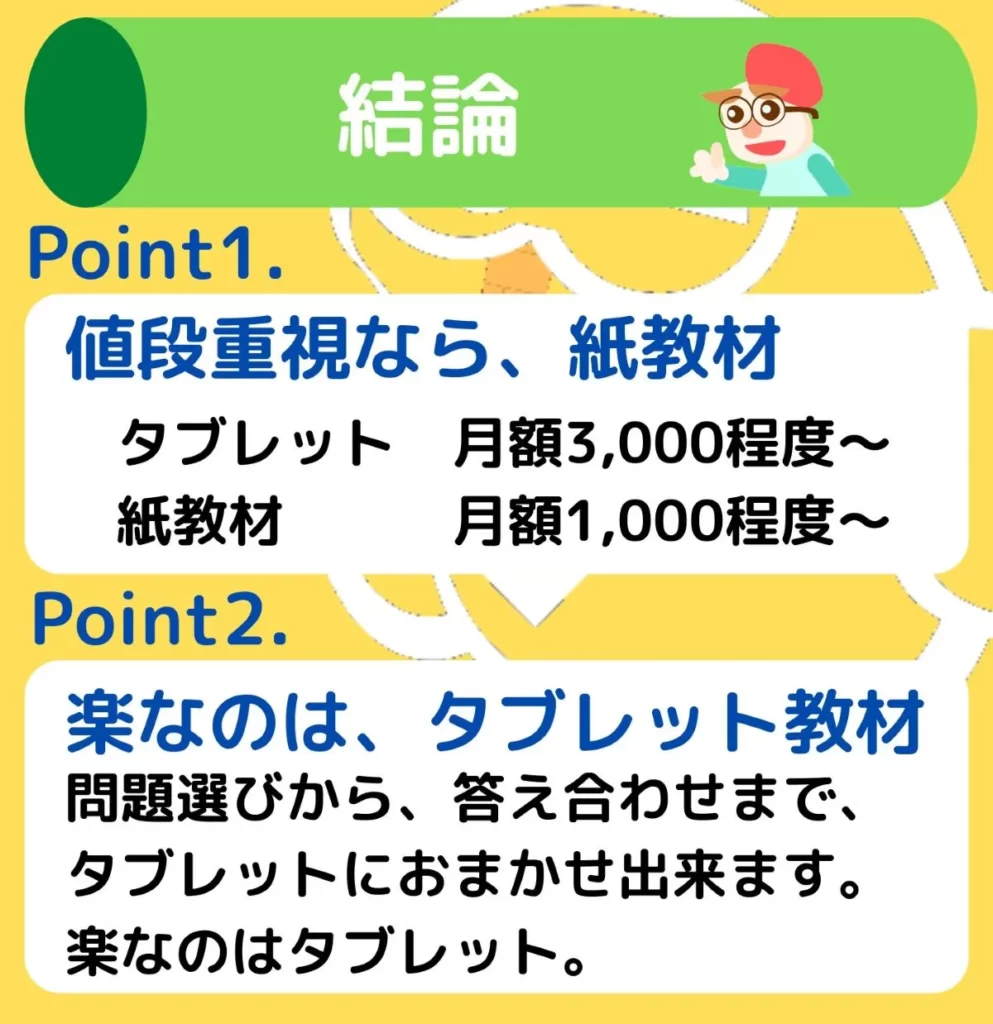 値段重視なら紙教材
楽なのはタブレット教材